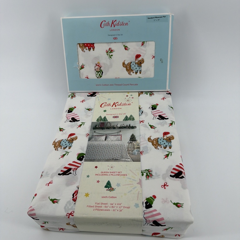 Cath Kidston London 6pc QUEEN Cotton Christmas ~ PUPPY LOVE PINK ~ Sheet Set New